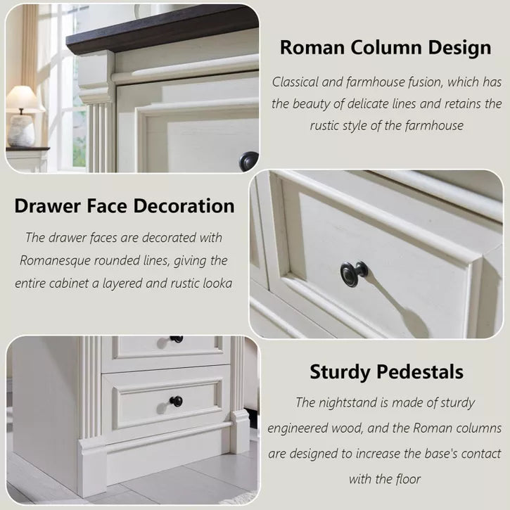 Nightstand with Charging Station & 3 Drawers, Farmhouse 23.6in Wide Nightstands with Roman Column, End Table for Bedroom