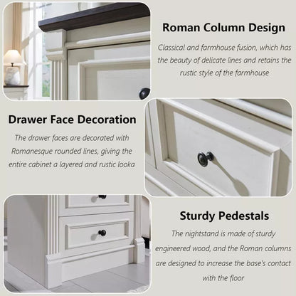 Nightstand with Charging Station & 3 Drawers, Farmhouse 23.6in Wide Nightstands with Roman Column, End Table for Bedroom