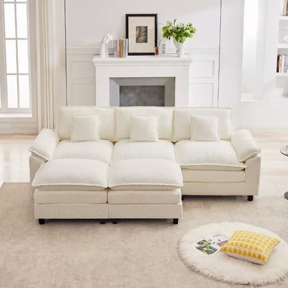 HYLEORY Chenille Fabric Pillow Top Arm U-Shaped Sectional Sofa , Indoor Convertible Modular Sectional Sofa Set with 2 Ottomans for Living Room
