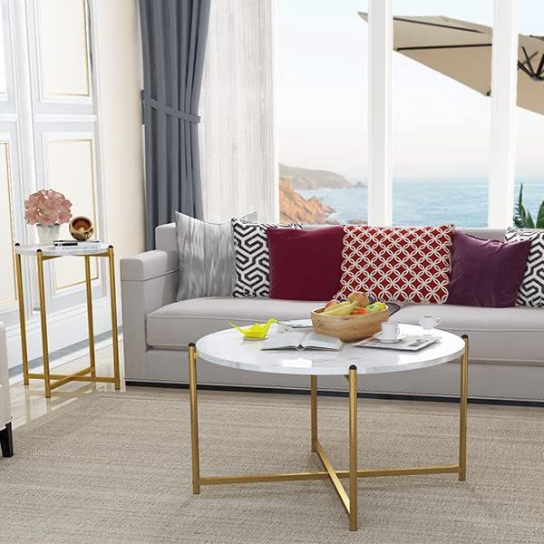 Hooseng Coffee Table Set of 3,Modern Faux Marble Top with Golden Frame Coffee Table & 2 Accent Table for Apartment,Office