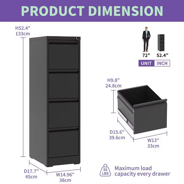 VIYET 52" 4-Drawer Metal Vertical File Cabinet with Lock, Tall Slim Locking Filing Cabinet for Home Office, Fits Letter, Legal & A4 Files
