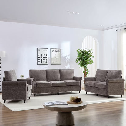 Mjkone 3 Piece Chenille Living Room Sofa Set,Modern 3-Seater Sofa Couch&Loveseat Sofa&Single Sofa Armchair Set,Unique Riveted Look