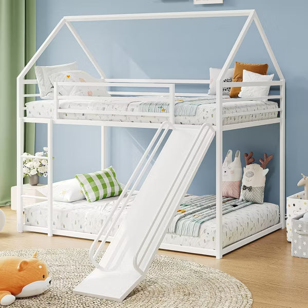 ELJGET Twin Over Twin Bunk Bed, Montessori Floor Bunk Bed Frame with Convertible Slide, Heavy Duty Metal Low Bed with House Shape and Roof for Kids
