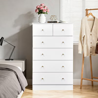 CIPACHO 6 Drawer Cabinet - White Textured Melamine Particleboard with Matte Gold Handles