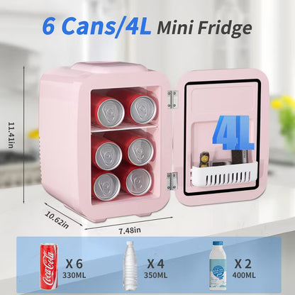 YASHE Mini Fridge, 4 Liter/ 6 Cans Skincare Fridge for Bedroom, 110V AC/ 12V DC Thermoelectric Cooler and Warmer for Drink, Office and Car