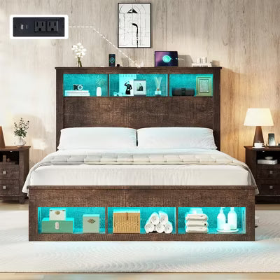 AMERLIFE Bed Frame with Bookcase Storage Headboard, LED Light and Charging Station