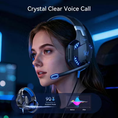 Gaming Headset with Microphone, Compatible with PS4 PS5 Xbox One PC Laptop, Over-Ear Headphones with LED Light, Noise Canceling Mic