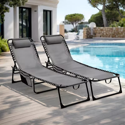 2-Pack Folding Chaise Lounge Chairs, 4-Position Adjustable Outdoor Reclining Pool Chairs with Headrest, Breathable Mesh Patio Lounger