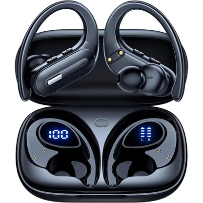Active Noise Cancelling Wireless Earbuds Bluetooth Headphones 90 Hrs Playtime Ear Buds with Power Display Over-Ear Earphones with Earhooks IPX7 Black