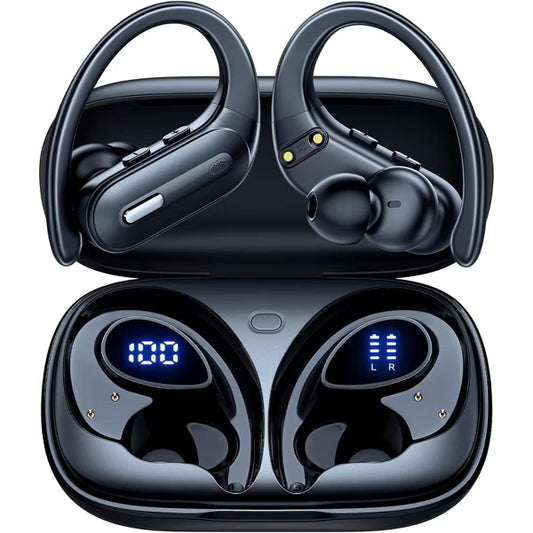 Active Noise Cancelling Wireless Earbuds Bluetooth Headphones 90 Hrs Playtime Ear Buds with Power Display Over-Ear Earphones with Earhooks IPX7 Black