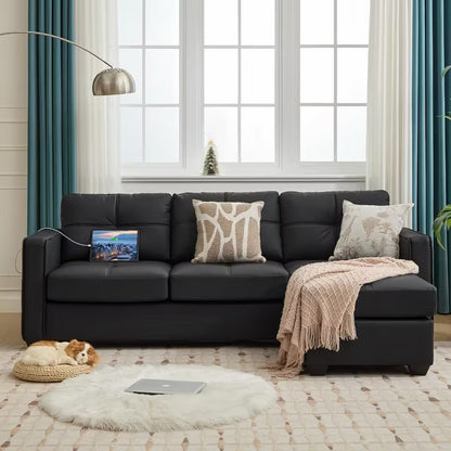 TYBOATLE 88" Faux Leather L-Shaped Sectional Sofa, Comfy Modular Couch with Chaise & USB, Convertible Sofa for Living Room, Bedroom, or Small Spaces