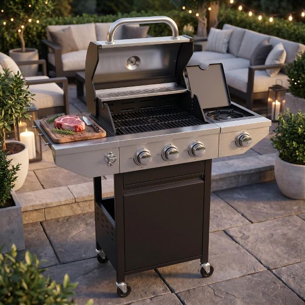 3-Burner Propane Gas Grill with Side Burner, 37000 BTU Stainless Steel BBQ for Outdoor Patio, Garden & Backyard, Black and Silver
