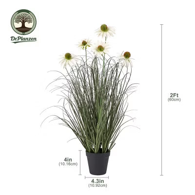 Dr.Planzen Artificial Onion Grass with White Daisy in Pot - 2ft /3ft Faux Potted Plant - Maintenance-Free Home Decor, Pet & Allergy Safe
