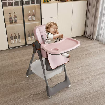 ELJGET Adjustable Baby High Chair 0-6 Years, Portable Foldable Infant Seat with 5-Point Belt, Wheels, 5 Height & Recline Settings, Easy-Clean, Pink