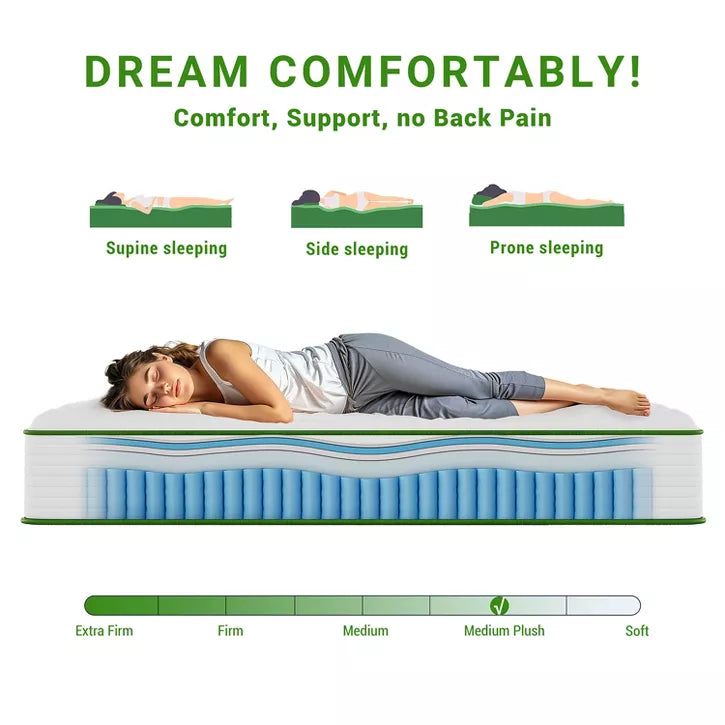 Swedrea Hybrid Mattress Breathable Medium Cooling Memory Foam Bed-in-a-Box White