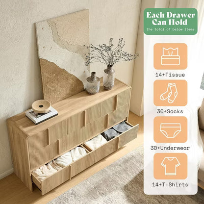 AMERLIFE Fluted Modern Chest Dresser with Pine Handles, Rounded Corners & Anti-Tip, 48" Tall Wood Storage Organizer for Living Room
