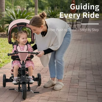 Kinder King 7-in-1 Kids Tricycle with Canopy, Adjustable Push Handle, One-Touch Brake, Lockable Front Wheel, All-Terrain Tires & Storage, Pink