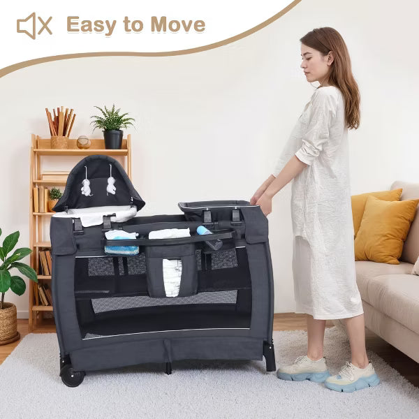 Kinder King 4-in-1 Convertible Baby Playard with Bassinet, Diaper Changer, Cradle&Bedside Sleeper, Breathable Mesh, Storage Organizer&Lockable Wheels