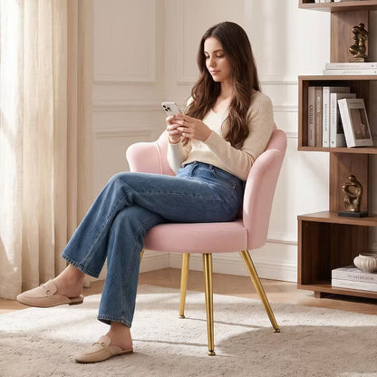 KERDOM Velvet Lounge Chair with Curved Back, Upholstered Vanity Seat with Gold Legs for Bedroom and Living Area,Pink