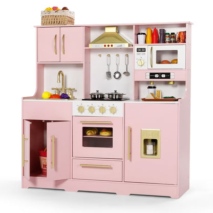 Kinder King Wooden Kids Play Kitchen, Toy Kitchen Playset for Toddler, Realistic Kitchen Sets w/Lights & Sounds, Gift for Boys Girls Age 3+