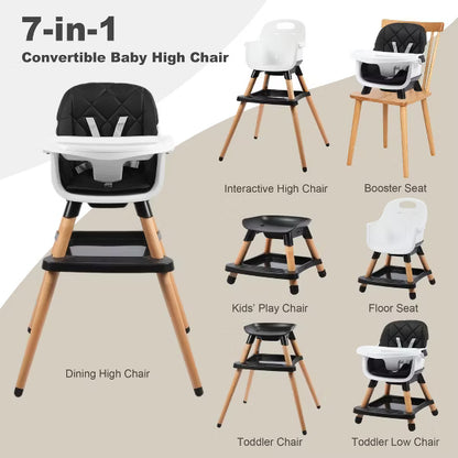 Kinder King 7 in 1 Baby High Chair Convert to Wooden Feeding Chair Removable Tray 5-Point Harness Gray