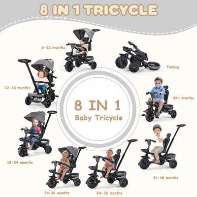 TODECARE 7-in-1 Baby Folding Stroller Tricycle with Adjustable Push Handle and Canopy