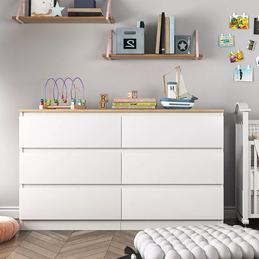 Resenkos Modern Mid Century 6 Drawer Wide Dressers Chests for Bedroom, Chest of Drawer Organizer Grey