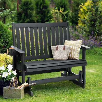Fortune Candy Poly Lumber Patio Glider 2 Seater, High Backrest, Cup Holders, for Outdoor Garden, Yard, or Deck (Black)