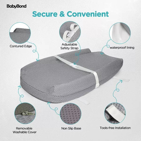 BabyBond Baby Changing Pad with Removable & Washable Cover, Waterproof Lining Contoured Changing Table Pad Portable with Non-Slip Bottom, Gray