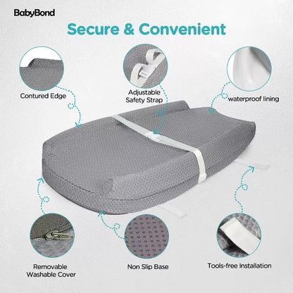 BabyBond Baby Changing Pad with Removable & Washable Cover, Waterproof Lining Contoured Changing Table Pad Portable with Non-Slip Bottom, Gray