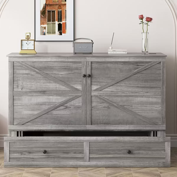 Mjkone Modern Full/Queen Size Murphy Bed Chest with Mattress and Storage