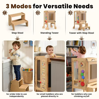 KOLIGEY Toddler Tower Foldable Toddler Kitchen Stool Helper with 2 Step Stool, Safety Net, Adjustable Height