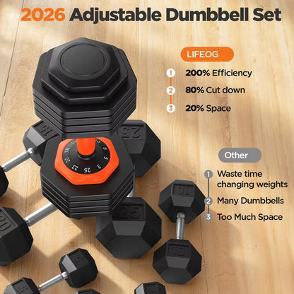 FEIERDUN Updated Adjustable Dumbbell Set of 2, 50 lbs Weights Set with Storage Box, Anti-slip Silicone Grip, Suit both Women/Men for Home Gym