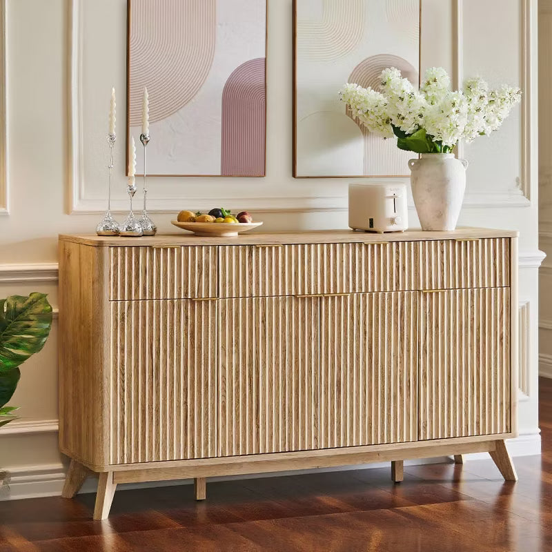 60" Buffet Sideboard Cabinet, Fluted Coffee Bar Table with 3 Drawers & 4 Doors, Modern Sideboard for Dining Room, Living Room