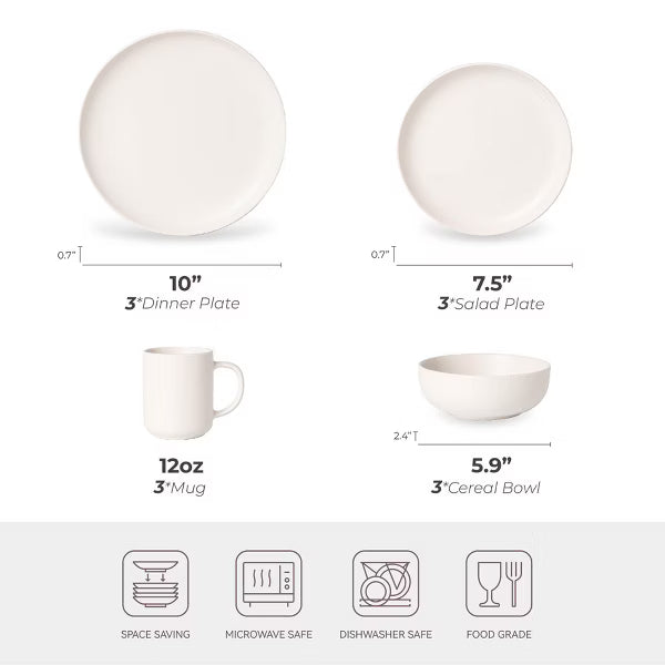 12-Piece Stoneware Dinnerware Sets with Mugs, Microwave & Dishwasher Safe, Non-Toxic Dinner Plates Bowls Set, Stackable Matte Glaze Kitchenware for 3