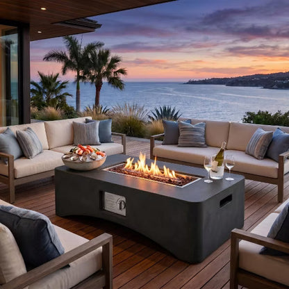 56" Rectangular Concrete Propane Fire Pit Table - 50,000 BTU Outdoor Gas Fire Table with Waterproof Cover, Lava Rocks & Tank Seat