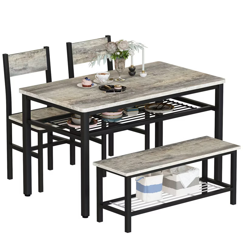 Hooseng 4 Pieces Dining Room Table Set with 2 Chairs and 1 Bench, 4-Person Dining Table Set with MDF Table Top, Metal Frame, and Storage Racks