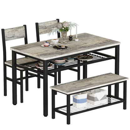 Hooseng 4 Pieces Dining Room Table Set with 2 Chairs and 1 Bench, 4-Person Dining Table Set with MDF Table Top, Metal Frame, and Storage Racks