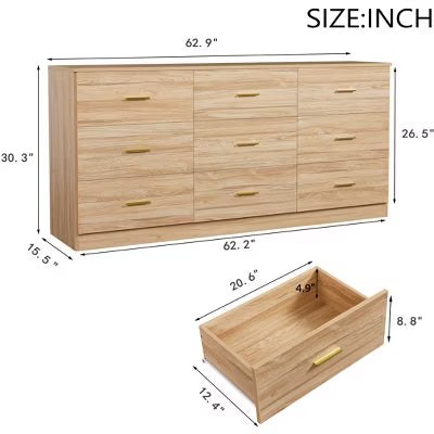 CIPACHO Modern Natural Wood 9-Drawer Dresser for Bedroom with Gold Handle - Ample Storage Wide Chest of Drawers, Sturdy & Safe
