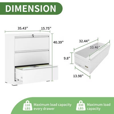 Munora - 3-Drawer Lateral File Cabinet with Lock - Wide Storage for Letter/Legal/A4 Files - White