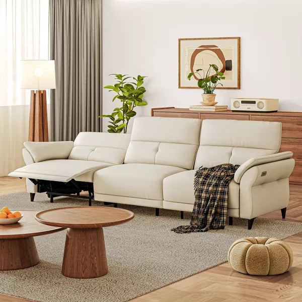ATJafurn Full Grain Leather Power Reclining Sofa with Dual Motor, White Modern Recliner Sectional Couch with Console and USB Ports for Living Room