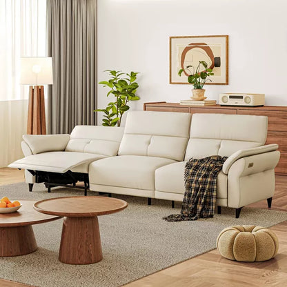 ATJafurn Full Grain Leather Power Reclining Sofa with Dual Motor, White Modern Recliner Sectional Couch with Console and USB Ports for Living Room