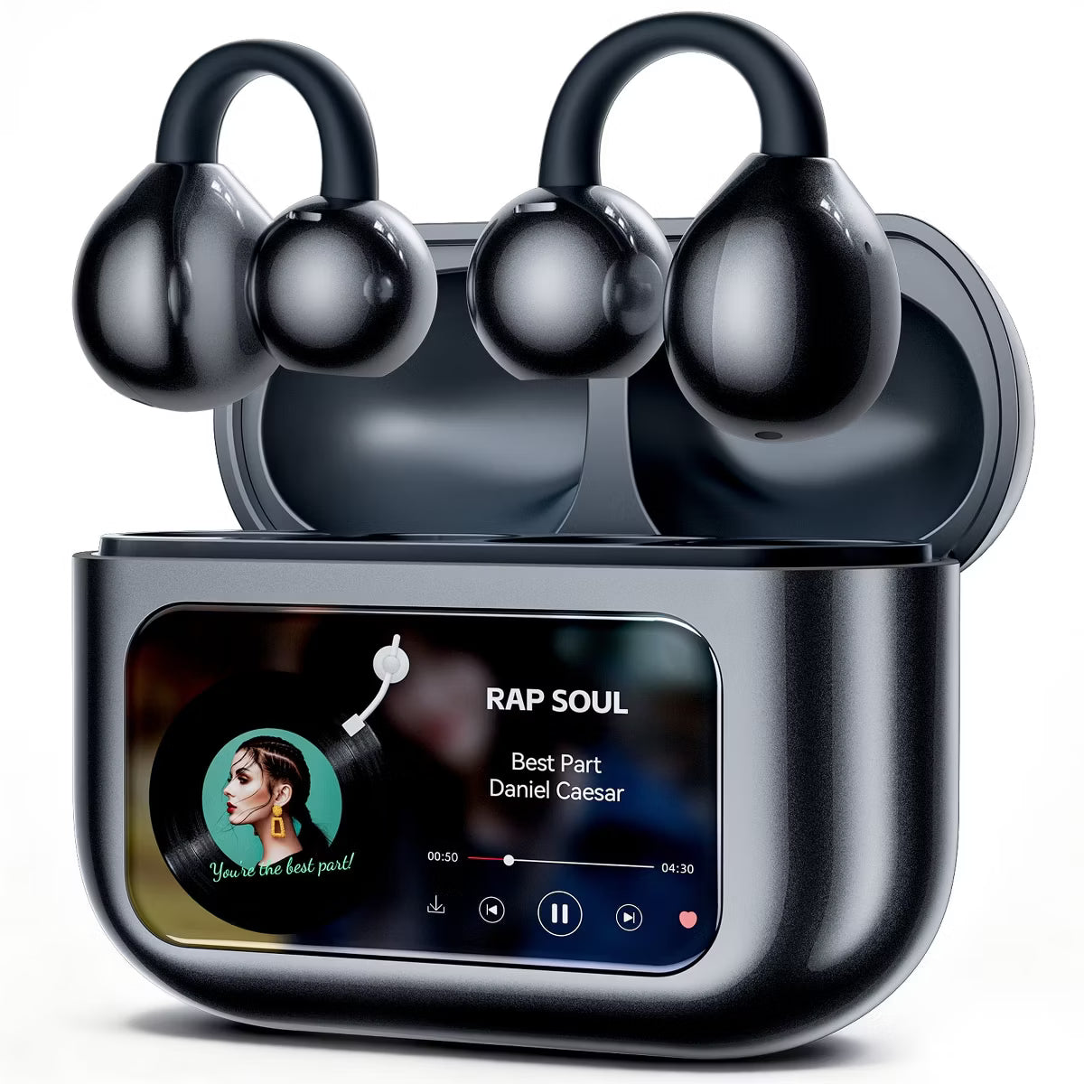 VEATOOL Open Ear Clip-On Earbuds, LCD Touch Screen,Bluetooth 5.4 Sports Earphones,ENC Call Noise Cancelling Earphones with Mic,Ear Clip Earbuds