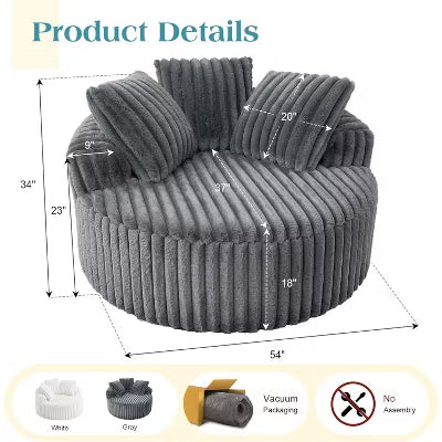 AMERLIFE 54" Oversized Round Lounge Chair, Cloud Corduroy Deep Seat Sofa Bed with Pillow, Anti-Slip Base, No Assembly
