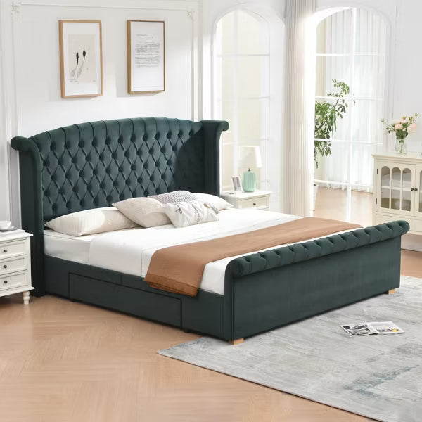 King Size Upholstered Sleigh Bed with 2 Storage Drawers,Elegant Curved Headboard&Footboard,Soft Velvet,No Box Spring Needed,Easy Assembly,Green