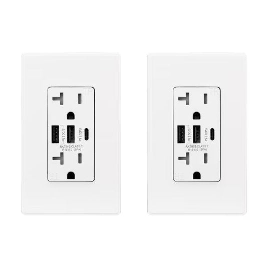 ELEGRP 30-Watt 20 Amp 3-Port Type C and Dual Type A USB Duplex USB Wall Outlet, Wall Plate Included, Light Almond (2-Pack)