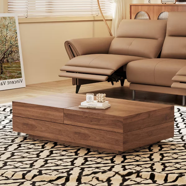 Luck Live Mid-Century Modern 39.4 in Living room retractable, pull-push square coffee table, with storage cabinet, walnut color