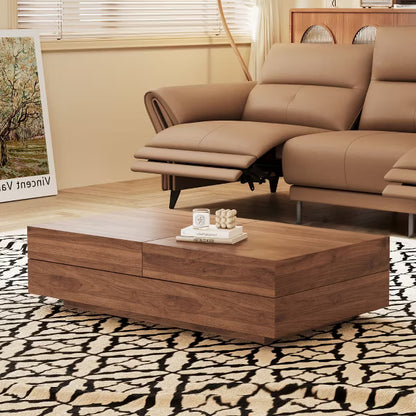 Luck Live Mid-Century Modern 39.4 in Living room retractable, pull-push square coffee table, with storage cabinet, walnut color