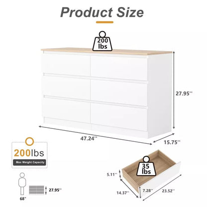 CIPACHO Modern White Roomy Storage Chest 6 Drawer Double Dresser Perfect for Bedroom Closet Living Room to Clear Clutter and Brighten Home Vibe