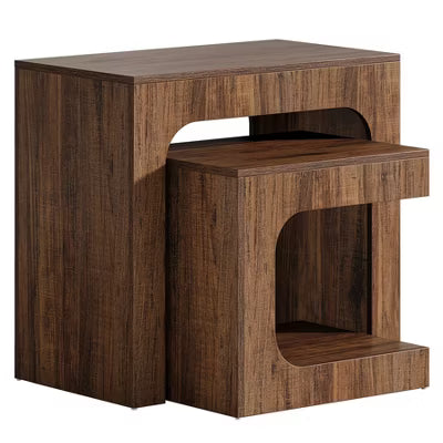 Resenkos Modern Nesting Side Table Set, 2 - Piece Wooden End Tables, Open - Shelf Living Room Storage, Dark Brown Finish